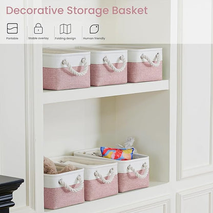 Storage Baskets for Shelves 11.8x7.9x5.2 Inch, Foldable Fabric Storage Bins with Handles, Small Storage Baskets for Organizing Closet, Office, Home Organization (6-Pack, White&Pink)