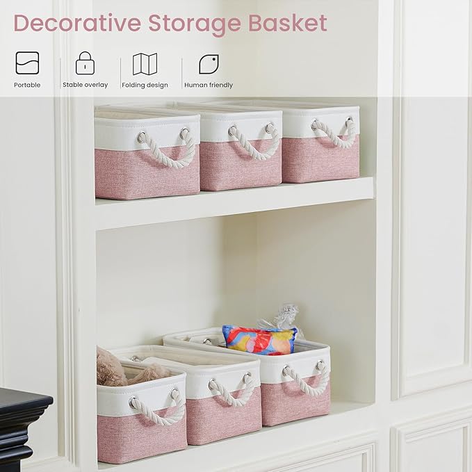Storage Baskets for Shelves 11.8x7.9x5.2 Inch, Foldable Fabric Storage Bins with Handles, Small Storage Baskets for Organizing Closet, Office, Home Organization (3-Pack, White&Pink)