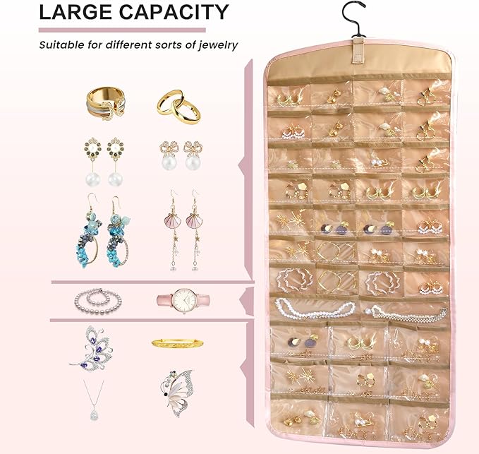 Hanging Jewelry Organizer Doubled-sided with Pockets & Hooks for Rings, Earrings, Necklaces, Hair Accessories Storage Roll, Closet Earring Holder Organizer for Wall, Door, Travel, 1 PCS, Pink