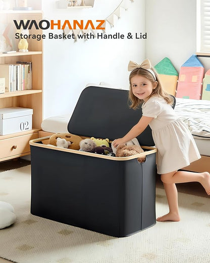 Storage Basket with Lid and Handles, 135L Fabric Bin with Divider for Shelf, Closet, Toy Organization, Collapsible Storage Organizer for Home, Black