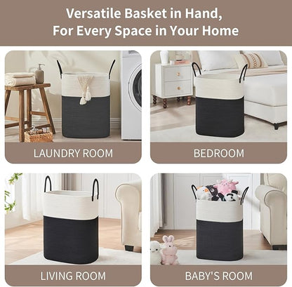AINUOQI Laundry Basket with Handles - Blanket Basket & Hampers for Bedroom Aesthetic, Laundry Hamper & Blanket Storage for Living Room, Clothes Hamper, Tall, Large 17" x 14" x 25”, White & Black