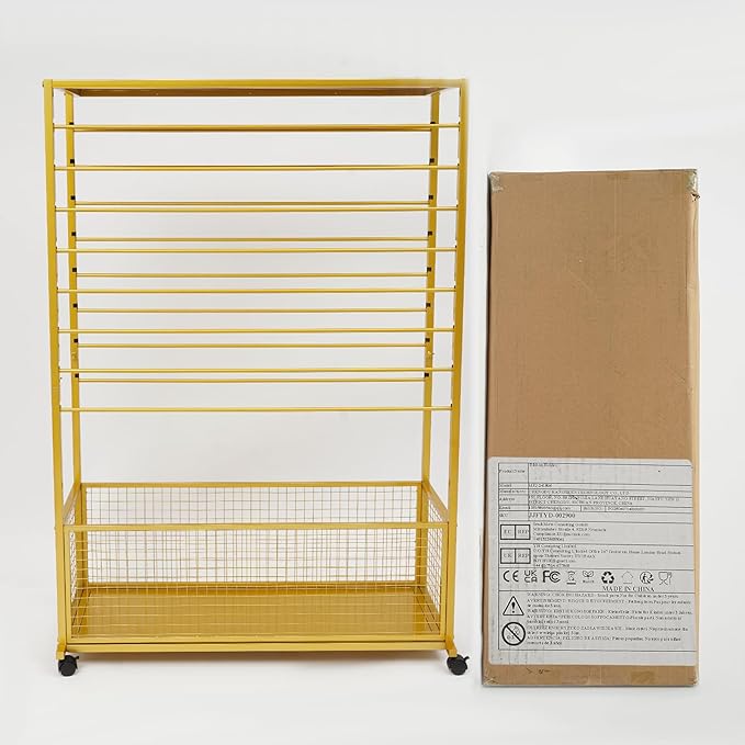 Commercial Ribbon Holder Organizer w/ 16 Rods & Locking Wheels - 59" Mobile Craft Storage for Florists, 4-Tier w/Mesh Basket (Gold, 39.37 * 12.6 * 59.06in)