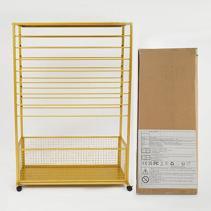 Commercial Ribbon Holder Organizer w/ 16 Rods & Locking Wheels - 59" Mobile Craft Storage for Florists, 4-Tier w/Mesh Basket (Gold, 39.37 * 12.6 * 59.06in)