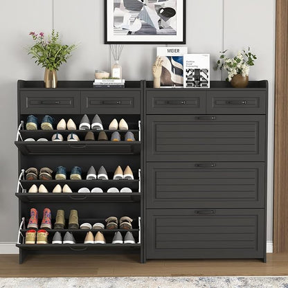 Vibe & Dine Narrow Shoe Organizer Cabinet with 3 Large Flip Drawers & 2 Storage Drawers - Slim Shoe Storage for Entryway, Hallway, Bedroom, Black