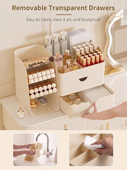 Booklov Makeup Organizer for Vanity, Countertop Cosmetic Display Case with Drawer, Bathroom Counter Beauty Caddy, Comfyroom Table Storage Holder for Skincare, Brush Eyeliner Eyeshadow Lipsticks, Creem