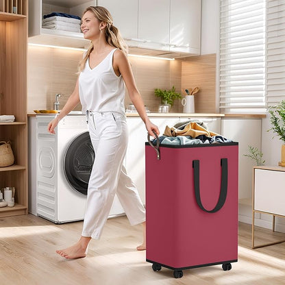 SpaceTrove Laundry Basket with Wheels, Collapsible Laundry Baskets, Laundry Hamper with Handles Detachable Wheels, Rolling Laundry Basket, Dirty Clothes Hamper for Bathroom, Dorm, Bedroom, Red, 80L