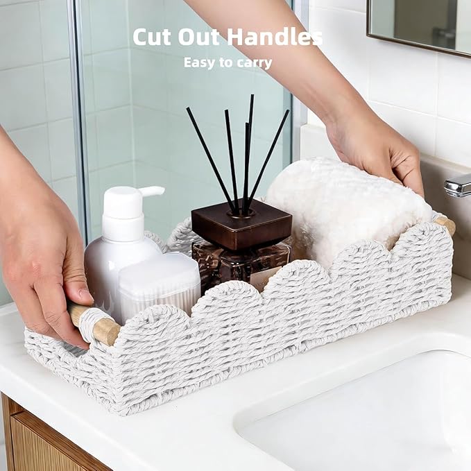 CubesLand Bathroom Basket Organizer w/Cut Out Handle, Back of Toilet Paper Storage Baskets for Bathroom Countertop Decorative, Small Scalloped Wicker Basket Also for Home Decor, Living Room, White