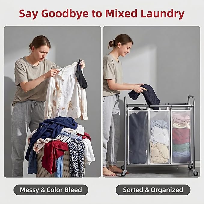 ROMOON Laundry Sorter Hamper 3 Section, Divided Laundry Basket Organizer with Heavy Duty Lockable Wheels and Removable Bags, Rolling Clothes Hamper for Apartment, Dorm & Family (135L Neutral Gray)