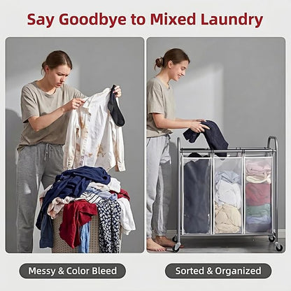 ROMOON Laundry Sorter Hamper 3 Section, Divided Laundry Basket Organizer with Heavy Duty Lockable Wheels and Removable Bags, Rolling Clothes Hamper for Apartment, Dorm & Family (135L Neutral Gray)