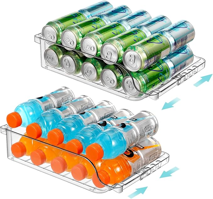 2 Pack Rolling Soda Can Dispenser for Refrigerator 2 Packs Refrigerator Organizers and Storage Width Adjustable Can Organizer for Refrigerator