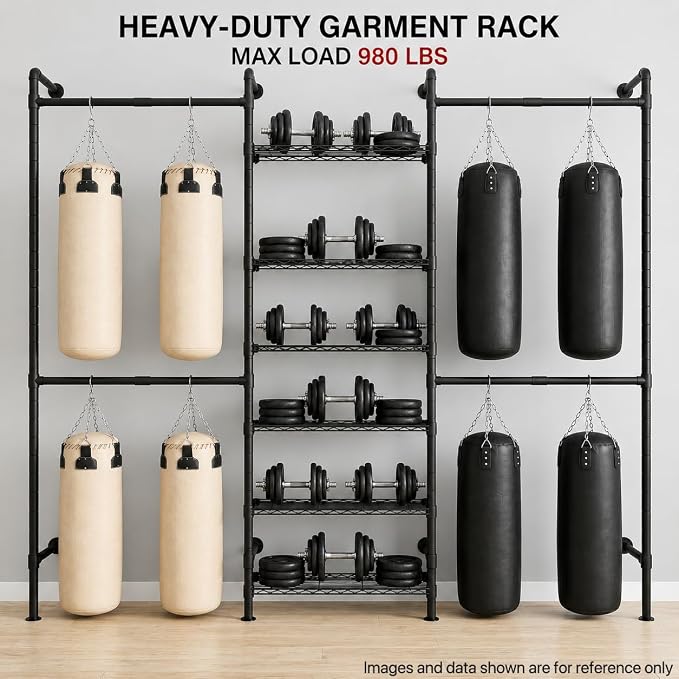 F3 Wall Mounted Closet System, Industrial Pipe Clothing Rack for Hanging Clothes, Heavy Duty Closet Organizer System, Clothes Racks with Shelves & Expandable Rod for Wardrobe, Corner, Black