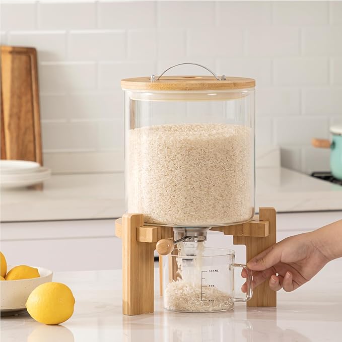 HBlife 8-10 Lbs Glass Rice Dispenser with Wooden Stand Flour and Cereal Container with Glass Measuring Cup Pantry Food Organization Storage Bin with Airtight Bamboo Lid, 5L (2 Pack)