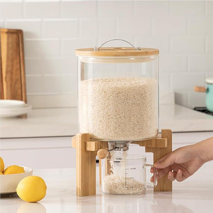 HBlife 8-10 Lbs Glass Rice Dispenser with Wooden Stand Flour and Cereal Container with Glass Measuring Cup Pantry Food Organization Storage Bin with Airtight Bamboo Lid, 5L (2 Pack)