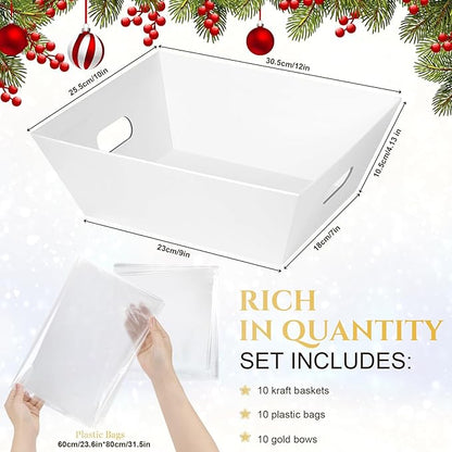 AFOROEOA 10PACK White Baskets For Gifts Empty, 10x12”Thick Kraft Gift Basket with 10 Bows 10 Bags Empty Gift Baskets for Christmas, Easter, Birthdays, Snacks, Farmers Market