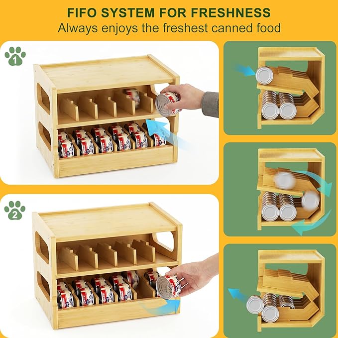 Bamboo Cat Food Can Organizer, Holds 36 (3oz) Cans, Cat Wet Food Storage Rack, Rolling Cat Food Can Dispenser for Pantry