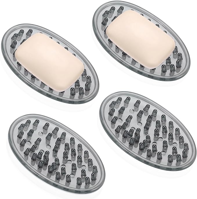 4 Pcs Plastic Soap Holder Soap Dish Bar Saver Tray with Holes Sponge Holder for Kitchen Bathroom Shower Counter, 4.5 x 3 x 0.7 Inches (Light Gray)