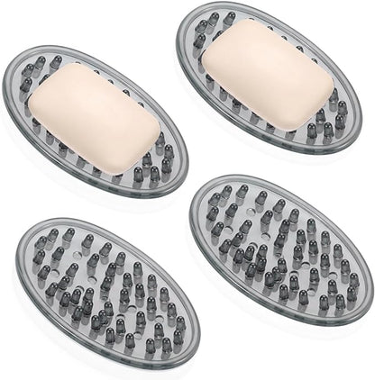 4 Pcs Plastic Soap Holder Soap Dish Bar Saver Tray with Holes Sponge Holder for Kitchen Bathroom Shower Counter, 4.5 x 3 x 0.7 Inches (Light Gray)