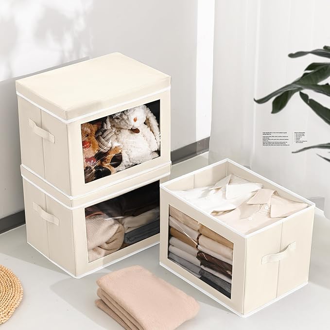 Homsorout Fabric Storage Bins with Lids, Decorative Storage Boxes, Closet Storage Bins with Window, Storage Baskets for Closet, Closet Organizers for Towel, Clothes, Beige, 4-Pack