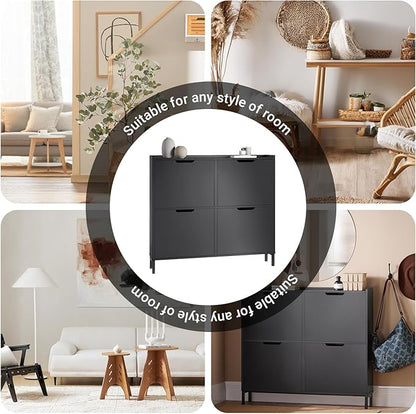 Haotian Ultra Thin Shoe Cabinet with 4 Flip-Drawers, Narrow Shoe Rack, Slim Shoe Storage Organiazer Entryway, Black, FSR100-W, 7.5" D x 39.4" W x 35.6" H