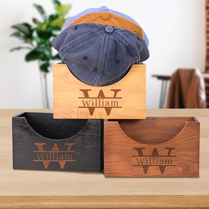 TNYKER Custom Hat Holder, Engraved Wooden Hat Rack for Dad, Personalized Name Design Hat Organizer for Wall Closet Storage, Baseball Cap Organizer Hat Box, Custom Gifts for Men Father Grandpa Husband