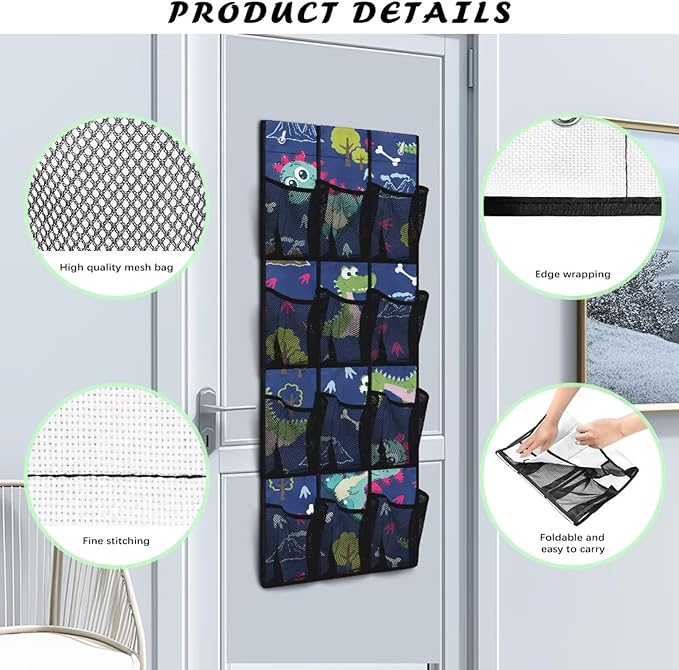 Over The Door Organizer, Dinosaur 4 Shelf Hanging Storage Organizer with 12 Clear Mesh Shoe Organizer Door Hanger Closet Hanging Rack for Toys Snacks Shoes