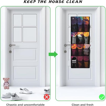 Flaming Soccer Ball Over The Door Organizer, 12 Mesh Pockets Sports Theme Hanging Shoe Rack for Soccer Gear, Perfect for Garage & Kids Bedroom Storage