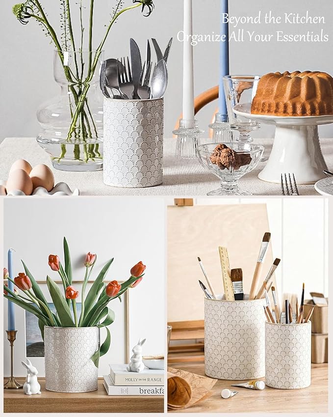 LE TAUCI Utensil Holder for Kitchen Counter - 7.1"+5.4" Ceramic Kitchen Utensil Holder Set of 2, Large Cooking Utensil Crock & Organizer for Spatula, Spoon - Embossed Kitchen Decor, White,Fireworks