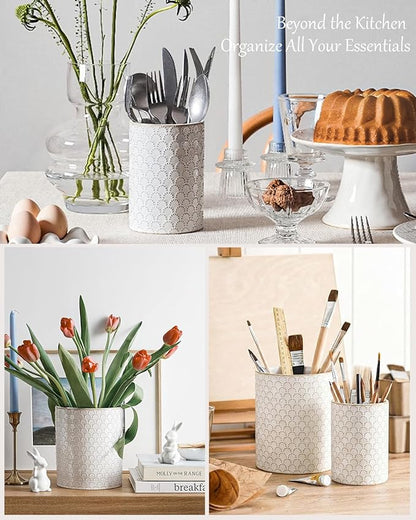 LE TAUCI Utensil Holder for Kitchen Counter - 7.1"+5.4" Ceramic Kitchen Utensil Holder Set of 2, Large Cooking Utensil Crock & Organizer for Spatula, Spoon - Embossed Kitchen Decor, White,Fireworks