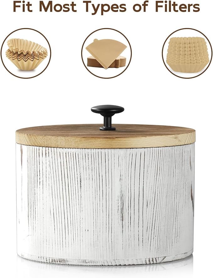 Coffee Filter Holder, Wood Filter Storage Container for Counter, Coffee Bar Accessories for Home Decor, Retro White