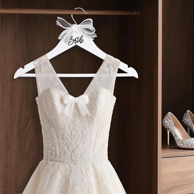 Bride Hanger for Wedding Dress Wooden Pearl Hangers with Pearl Ribbon Bow Elegant Bridal Mrs Wedding Dress Hanger, 2PCS Personalized Wedding Hangers (White)
