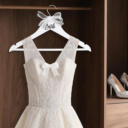 Bride Hanger for Wedding Dress Wooden Pearl Hangers with Pearl Ribbon Bow Elegant Bridal Mrs Wedding Dress Hanger, 2PCS Personalized Wedding Hangers (White)