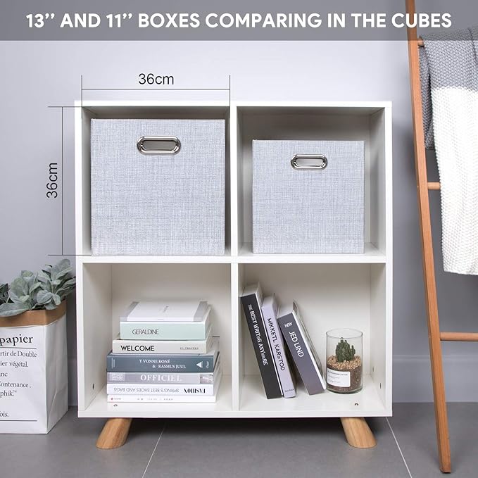 Posprica 3X Thicker Fabric Storage Cubes 13 inch Collapsible Storage Bins for Organization, Cubby Storage Baskets for Organizing Shelf Cabinet Bookcase Boxes, Set of 4, Silver Grey
