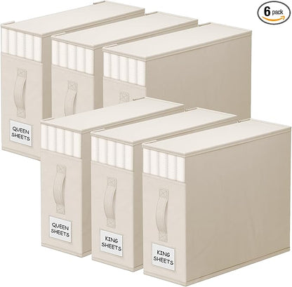 StorageTastic 6 Pack Bed Sheet Closet Organizers and Storage,Sturdy Foldable Storage Containers with Window and Label,Storage and Organization for Bedding Sheets,Duvet Covers,Blankets (Beige)
