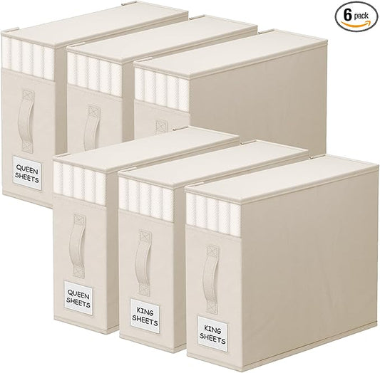 StorageTastic 6 Pack Bed Sheet Closet Organizers and Storage,Sturdy Foldable Storage Containers with Window and Label,Storage and Organization for Bedding Sheets,Duvet Covers,Blankets (Beige)