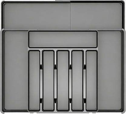 BPA-Free Expandable Utensil Drawer Organizer - Black Plastic Adjustable Storage Tray for Kitchen Flatware, Knives, Forks and Spoons