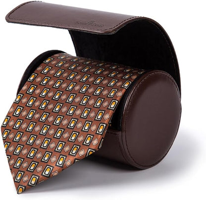 Tie Box for Men 's PU Ties case Necktie Organize Cylinder Leather Men’s Storage Portable Tie Roll for Travel Business Gifts (Dark Brown)