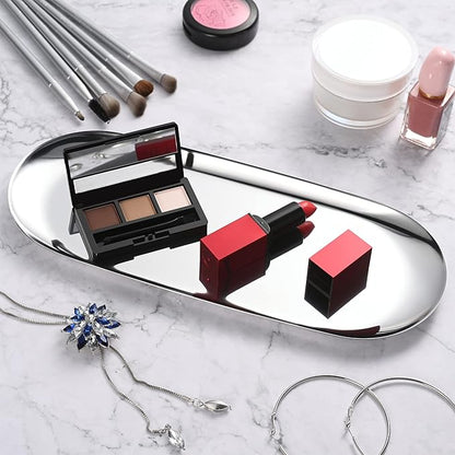 Silver Oval Vanity Tray, Stainless Steel Jewelry Tray, Bathroom Tray, Makeup Cosmetic Trays,Towel Napkin Tray,Storage Organizer,11.8 x 4.8 inches (L*W), Large