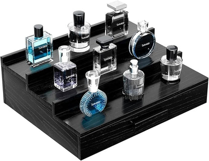 Walnut Wood Cologne Organizer for Men,3 Tier Cologne Stand,Cologne Shelf Display Holder,Perfume Stand Organizer with Hidden Compartment and Drawer,Great Gift for Men,Black