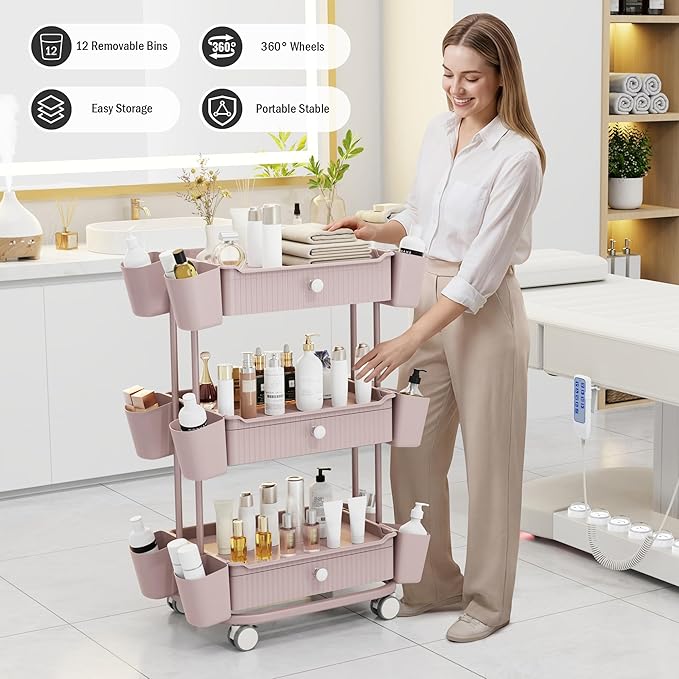 3 Tier Drawer Beauty Cart with 12 Movable Storage Organizer, Thickened ABS & 360° Wheels for Salon Station for Hair Stylist, Beauty Salon, Spa Massage Parlor, Makeup Organizer and More - Pink