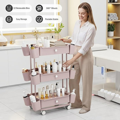 3 Tier Drawer Beauty Cart with 12 Movable Storage Organizer, Thickened ABS & 360° Wheels for Salon Station for Hair Stylist, Beauty Salon, Spa Massage Parlor, Makeup Organizer and More - Pink