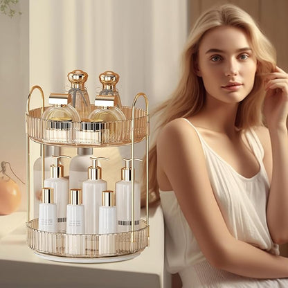 360° Rotating Makeup Organizer for Vanity - 2 Tier Perfume Organizer with Large Capacity - Skincare Organizer for Bathroom Counter - Space-Saving Cosmetic Storage for Dresser Countertop (Gold)