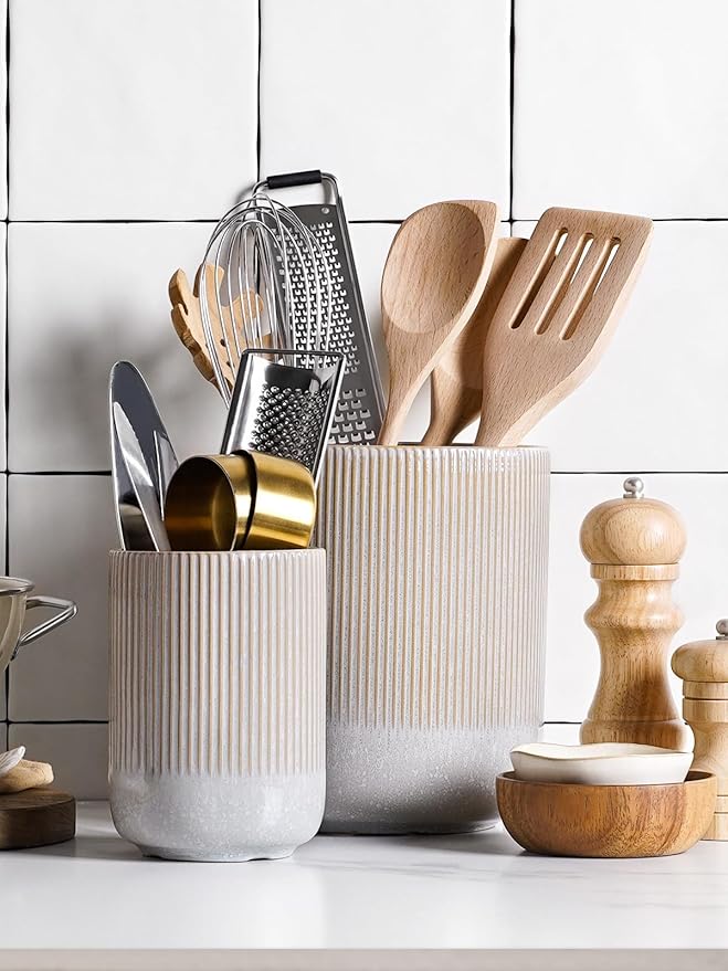 LE TAUCI Utensil Holder for Kitchen Counter, 7.3"+5.4" Fluted Ceramic Utensil Crock Organizer for Countertop, Heavy Large Holder for Spatulas, Spoons, Set of 2, Gray Marble