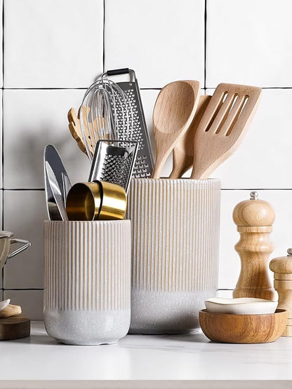 LE TAUCI Utensil Holder for Kitchen Counter, 7.3"+5.4" Fluted Ceramic Utensil Crock Organizer for Countertop, Heavy Large Holder for Spatulas, Spoons, Set of 2, Gray Marble