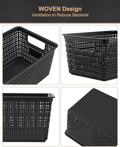 Set of 6 Baskets For Organizing, Plastic Storage Bins and Small Basket for Organization and Storage Shelves Drawers Desktop Closet Playroom Classroom Office, Black