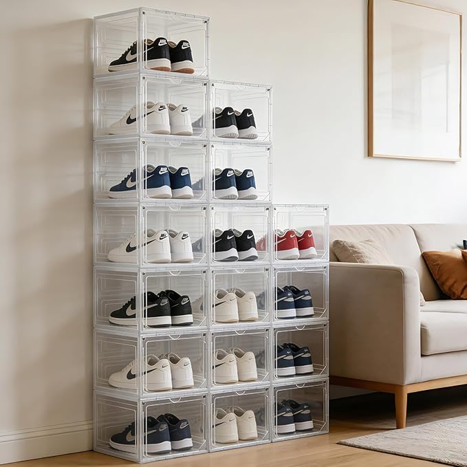 X-Large Shoe Storage Boxes Organizers Clear Plastic 6 Pack, Shoe Rack & Holder Sneaker Container with Magnetic Doors - Display Case Fit Size 12, Easy Assembly