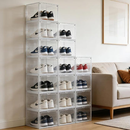 X-Large Shoe Storage Boxes Organizers Clear Plastic 6 Pack, Shoe Rack & Holder Sneaker Container with Magnetic Doors - Display Case Fit Size 12, Easy Assembly