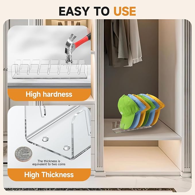 Acrylic Baseball Cap Organizer Rack 2-Pack - Holds 14 Hats, No Install Space Saving Display Stand for Closet, Bedroom, Entryway (Clear)