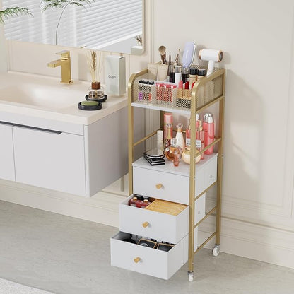HapiRm Rolling Makeup Cart Organizer - Floor Skincare Make Up Storage with 3 Non-woven Fabric Drawers, Vanity Organizer Cosmetic Display Cases Holder for Skin Care Perfume Nail Polish Brush Hair Tool