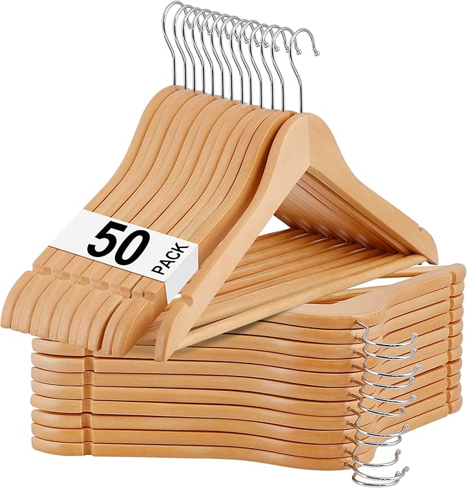 JupiterForce Wooden Clothes Hangers 50 Pack, Non-Slip Wood Hangers with 360° Swivel Hook & Shoulder Grooves, Coat Hanger for Suits, Coats, Shirts, Pants, Jackets and Dress(Natural)
