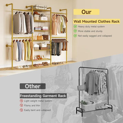 ONBRILL H3 Expandable Wall Mounted Closet System, 5.4FT-8.1FT Closet Organizer with 4 Telescopic Rods & 6 Wire Shelves, Industrial Pipe Clothing Rack for Walk-in & Reach-in Closet (Gold)